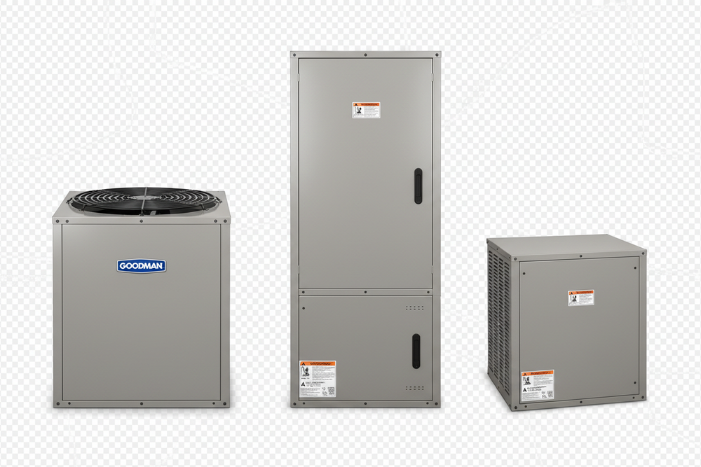 just need a stock photo of these next to each other like you did a littl while ago; clear transparent background so can put on the website with just hte image of the units and air handler: 

3 Ton 15.2 SEER2 R32 Goodman Heat Pump System - Multi-Positional